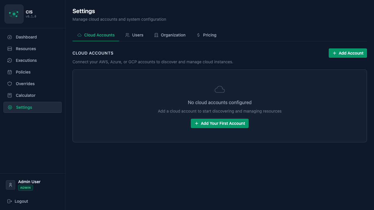 Settings — empty cloud accounts